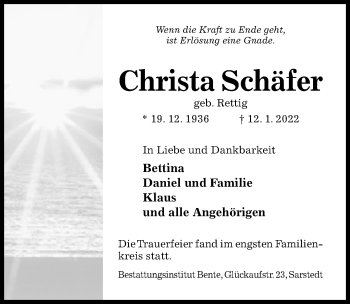 Traueranzeige von Christa Schäfer von Hildesheimer Allgemeine Zeitung