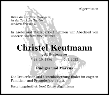 Traueranzeige von Christel Keutmann von Hildesheimer Allgemeine Zeitung