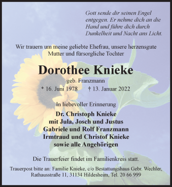 Traueranzeige von Dorothee Knieke von Hildesheimer Allgemeine Zeitung