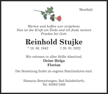 Traueranzeige von Reinhold Stujke von Hildesheimer Allgemeine Zeitung