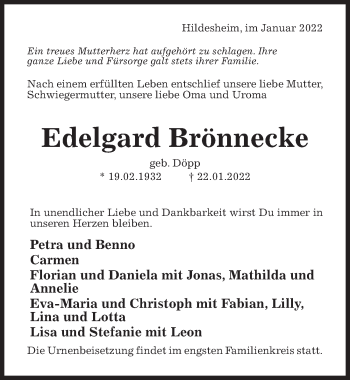 Traueranzeige von Edelgard Brönnecke von Hildesheimer Allgemeine Zeitung