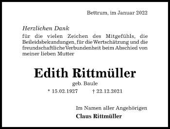 Traueranzeige von Edith Rittmüller von Hildesheimer Allgemeine Zeitung