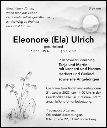 Traueranzeige von Eleonore Ulrich von Hildesheimer Allgemeine Zeitung