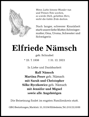 Traueranzeige von Elfriede Nämsch von Hildesheimer Allgemeine Zeitung