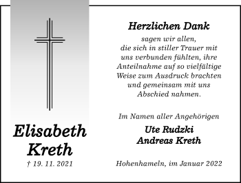 Traueranzeige von Elisabeth Kreth von Hildesheimer Allgemeine Zeitung