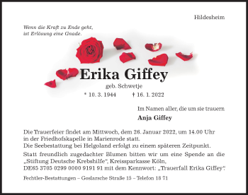 Traueranzeige von Erika Giffey von Hildesheimer Allgemeine Zeitung