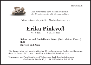 Traueranzeige von Erika Pinkvoß von Hildesheimer Allgemeine Zeitung
