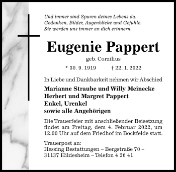 Traueranzeige von Eugenie Pappert von Hildesheimer Allgemeine Zeitung