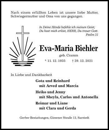 Traueranzeige von Eva-Maria Biehler von Hildesheimer Allgemeine Zeitung