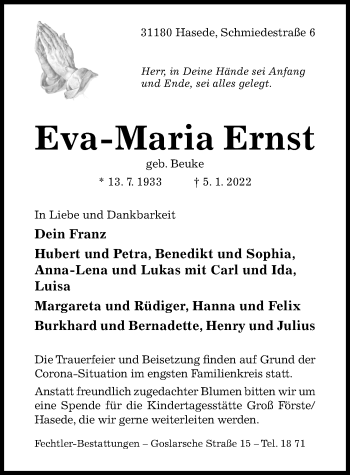 Traueranzeige von Eva-Maria Ernst von Hildesheimer Allgemeine Zeitung