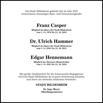 Traueranzeige von Franz Casper von Hildesheimer Allgemeine Zeitung