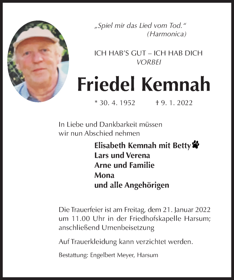  Traueranzeige für Friedel Kemnah vom 15.01.2022 aus Hildesheimer Allgemeine Zeitung