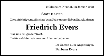 Traueranzeige von Friedrich Evers von Hildesheimer Allgemeine Zeitung