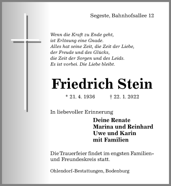 Traueranzeige von Friedrich Stein von Hildesheimer Allgemeine Zeitung