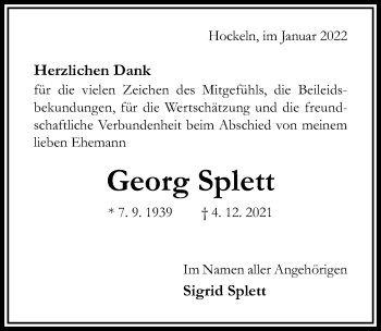 Traueranzeige von Georg Splett von Hildesheimer Allgemeine Zeitung