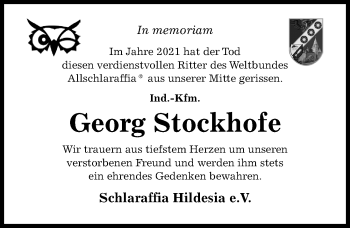 Traueranzeige von Georg Stockhofe von Hildesheimer Allgemeine Zeitung