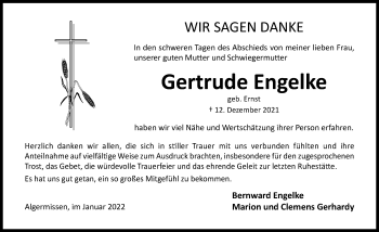 Traueranzeige von Gertrude Engelke von Hildesheimer Allgemeine Zeitung