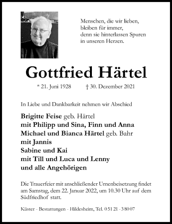 Traueranzeige von Gottfried Härtel von Hildesheimer Allgemeine Zeitung