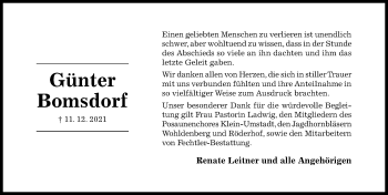 Traueranzeige von Günter Bomsdorf von Hildesheimer Allgemeine Zeitung