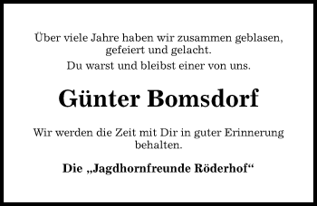 Traueranzeige von Günter Bomsdorf von Hildesheimer Allgemeine Zeitung