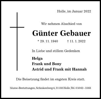 Traueranzeige von Günter Gebauer von Hildesheimer Allgemeine Zeitung