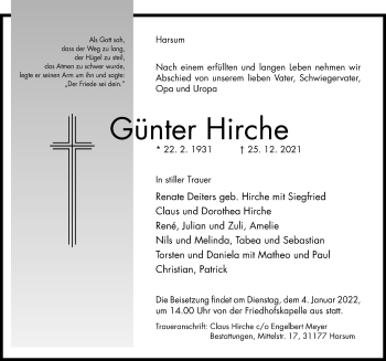 Traueranzeige von Günter Hirche von Hildesheimer Allgemeine Zeitung