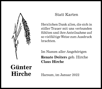 Traueranzeige von Günter Hirche von Hildesheimer Allgemeine Zeitung