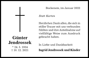 Traueranzeige von Günter Jendrossek von Hildesheimer Allgemeine Zeitung