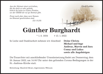 Traueranzeige von Günther Burghardt von Hildesheimer Allgemeine Zeitung