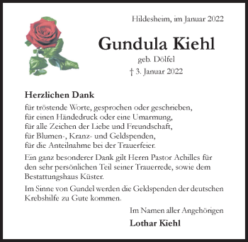 Traueranzeige von Gundula Kiehl von Hildesheimer Allgemeine Zeitung