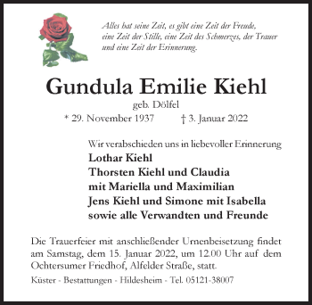 Traueranzeige von Gundula Emilie Kiehl von Hildesheimer Allgemeine Zeitung