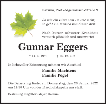 Traueranzeige von Gunnar Eggers von Hildesheimer Allgemeine Zeitung