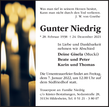 Traueranzeige von Gunter Niedrig von Hildesheimer Allgemeine Zeitung