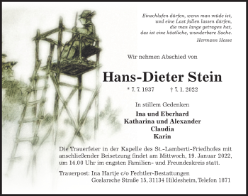 Traueranzeige von Hans-Dieter Stein von Hildesheimer Allgemeine Zeitung