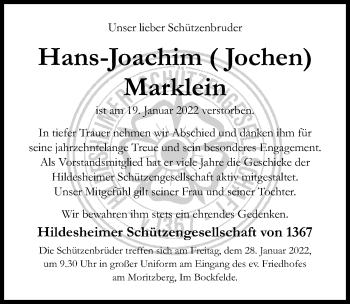 Traueranzeige von Hans-Joachim Marklein von Hildesheimer Allgemeine Zeitung