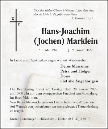 Traueranzeige von Hans-Joachim Marklein von Hildesheimer Allgemeine Zeitung