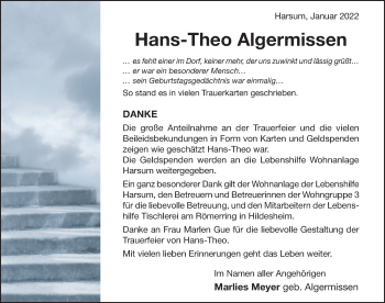 Traueranzeige von Hans-Theo Algermissen von Hildesheimer Allgemeine Zeitung