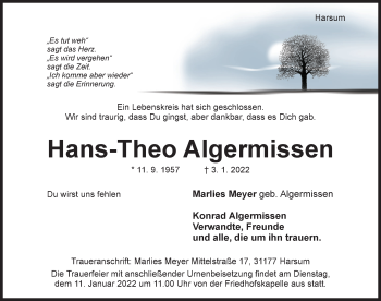 Traueranzeige von Hans-Theo Algermissen von Hildesheimer Allgemeine Zeitung