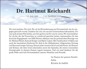 Traueranzeige von Hartmut Reichardt von Hildesheimer Allgemeine Zeitung