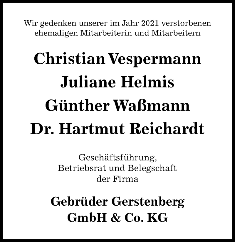  Traueranzeige für Hartmut Reichardt vom 31.12.2021 aus Hildesheimer Allgemeine Zeitung
