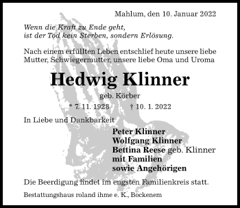 Traueranzeige von Hedwig Klinner von Hildesheimer Allgemeine Zeitung