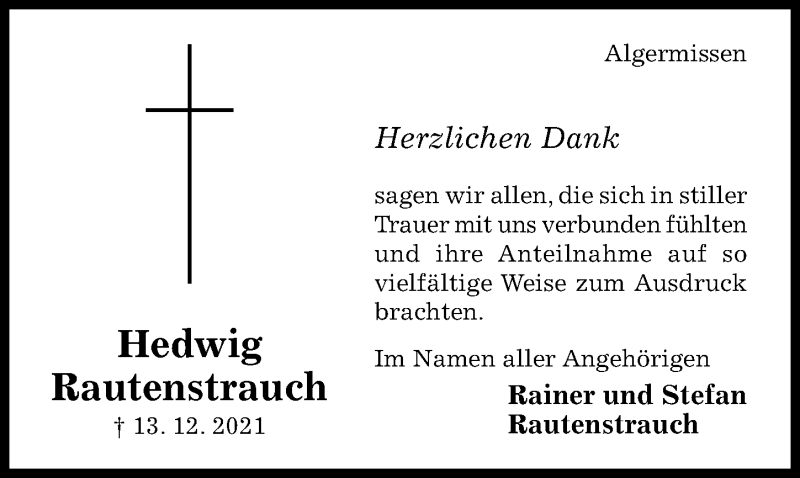  Traueranzeige für Hedwig Rautenstrauch vom 15.01.2022 aus Hildesheimer Allgemeine Zeitung