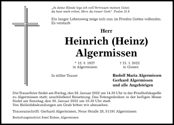 Traueranzeige von Heinrich Algermissen von Hildesheimer Allgemeine Zeitung