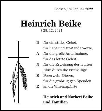 Traueranzeige von Heinrich Beike von Hildesheimer Allgemeine Zeitung