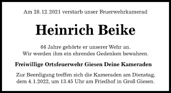 Traueranzeige von Heinrich Beike von Hildesheimer Allgemeine Zeitung