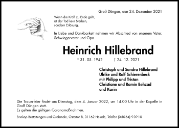 Traueranzeige von Heinrich Hillebrand von Hildesheimer Allgemeine Zeitung