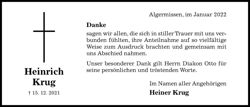  Traueranzeige für Heinrich Krug vom 13.01.2022 aus Hildesheimer Allgemeine Zeitung