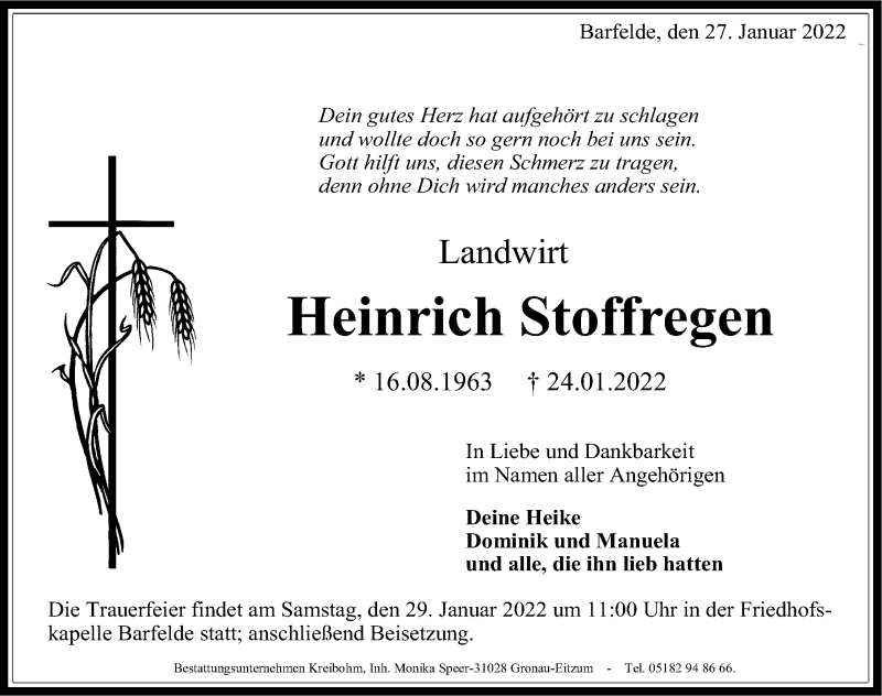  Traueranzeige für Heinrich Stoffregen vom 27.01.2022 aus Hildesheimer Allgemeine Zeitung