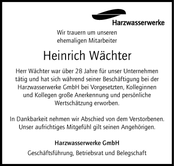 Traueranzeige von Heinrich Wächter von Hildesheimer Allgemeine Zeitung