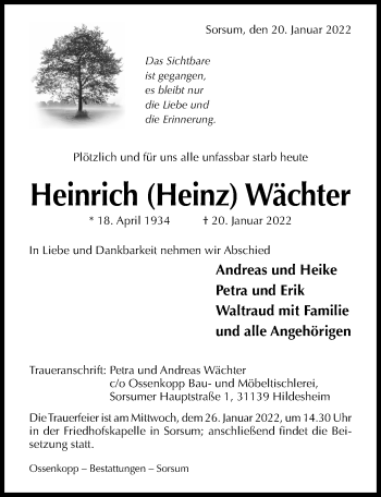 Traueranzeige von Heinrich Wächter von Hildesheimer Allgemeine Zeitung